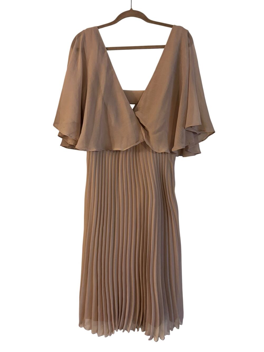 ASOS Wrap Flutter Sleeve Dress With Pleated Skirt Blush Tan Party Size 12